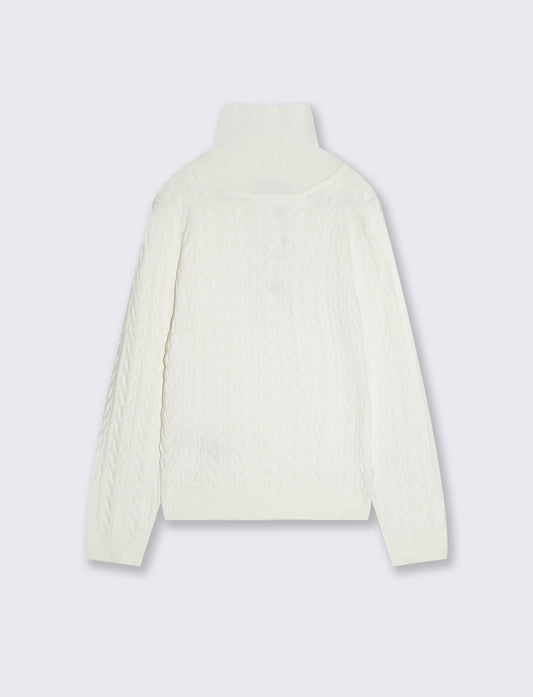 High neck sweater with soft braids - White