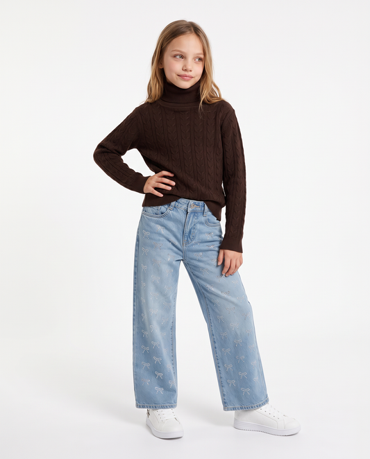 High neck sweater with soft braids - Brown