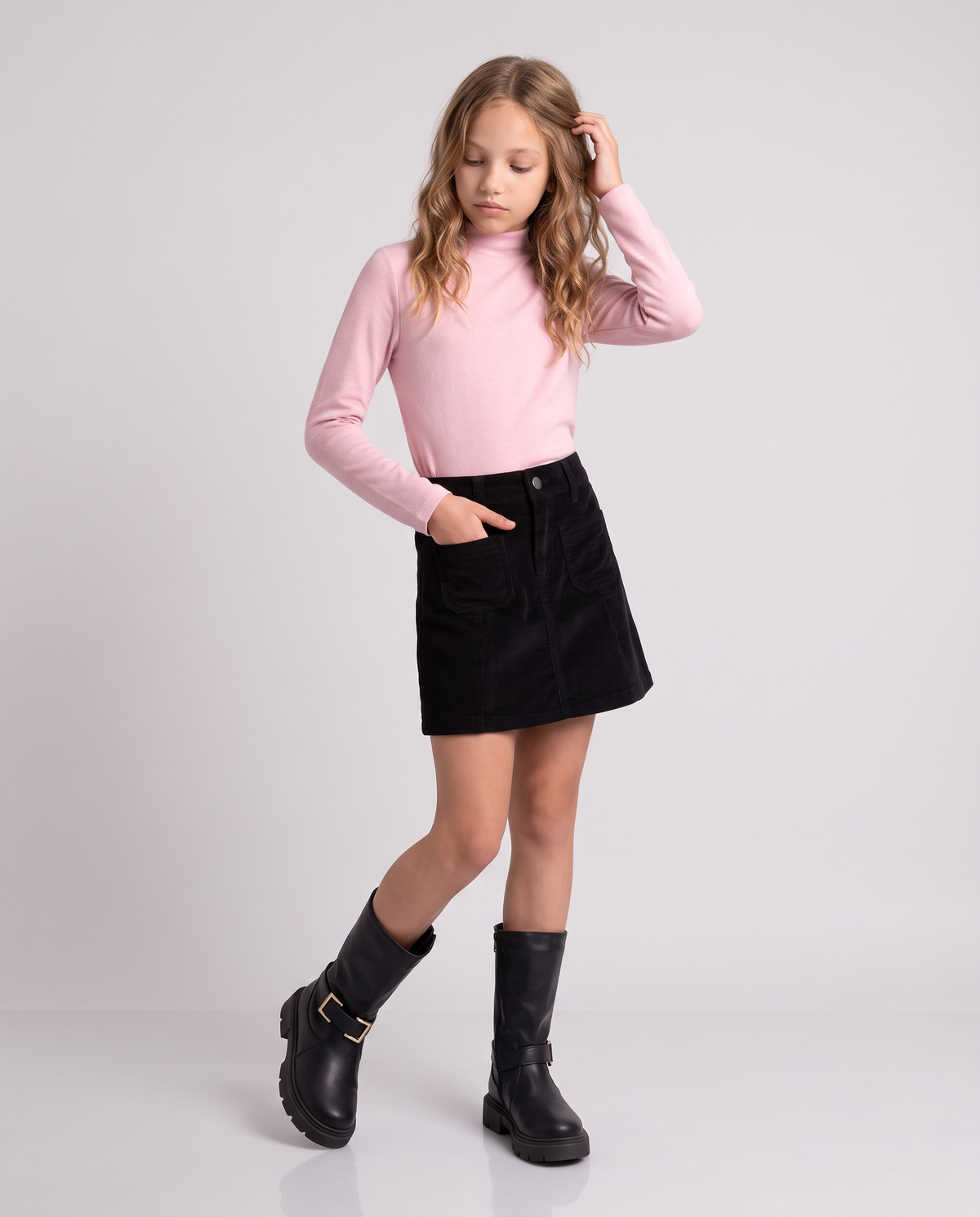 Velvet stretch skirt with pockets - Black