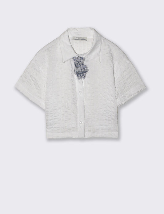 Camicia manica corta bambina in lino righe - Bianco
