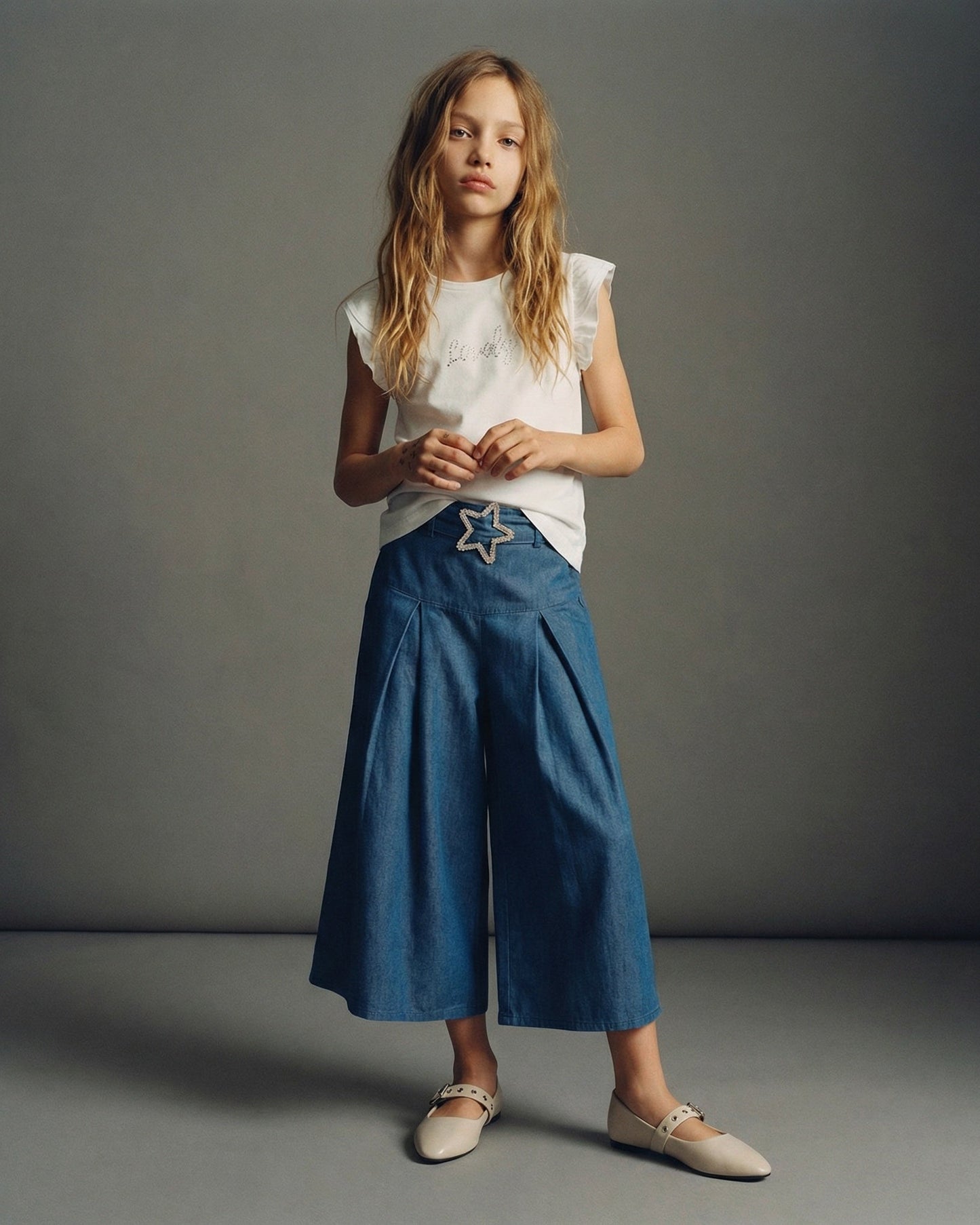 Pantaloni eleganti con fiocco e pieghe - Denim