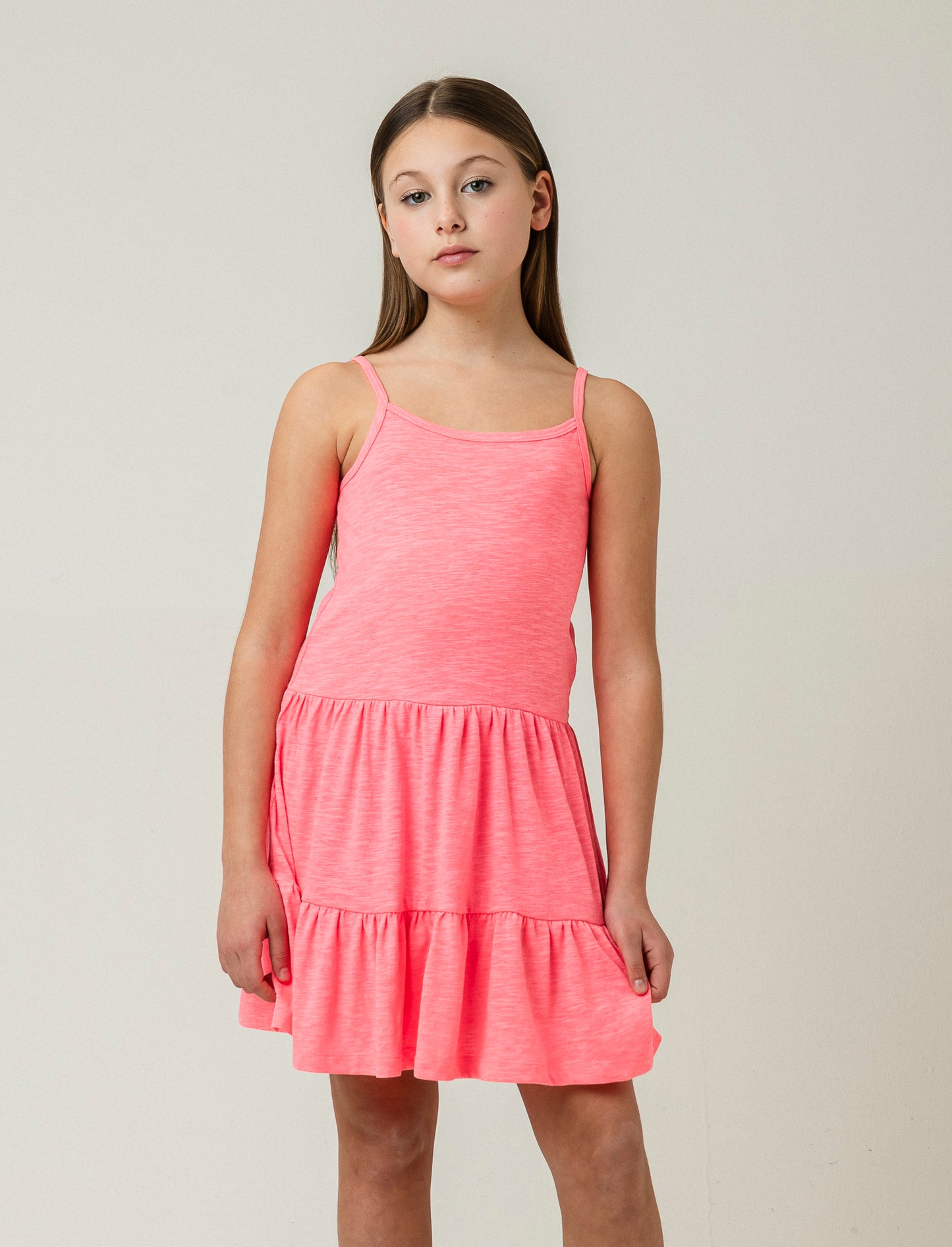 Ruffle Cotton Dress with Thin Straps and Loose Fit - Fuxia