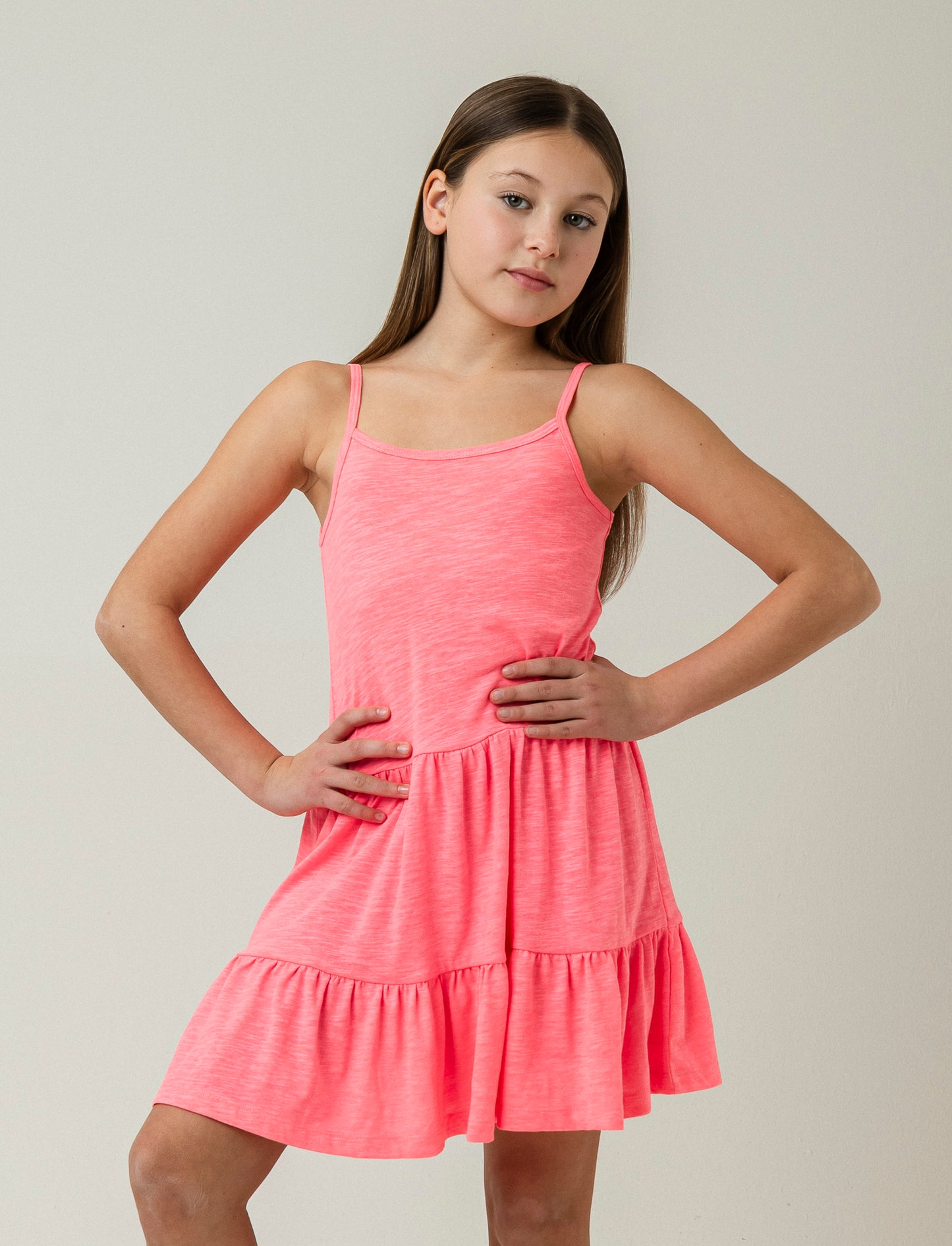 Ruffle Cotton Dress with Thin Straps and Loose Fit - Fuxia