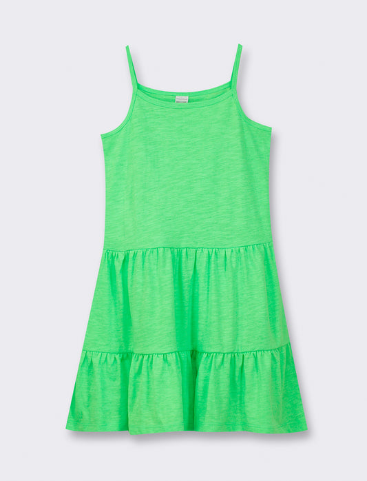 Ruffle Cotton Dress with Thin Straps and Loose Fit - Green