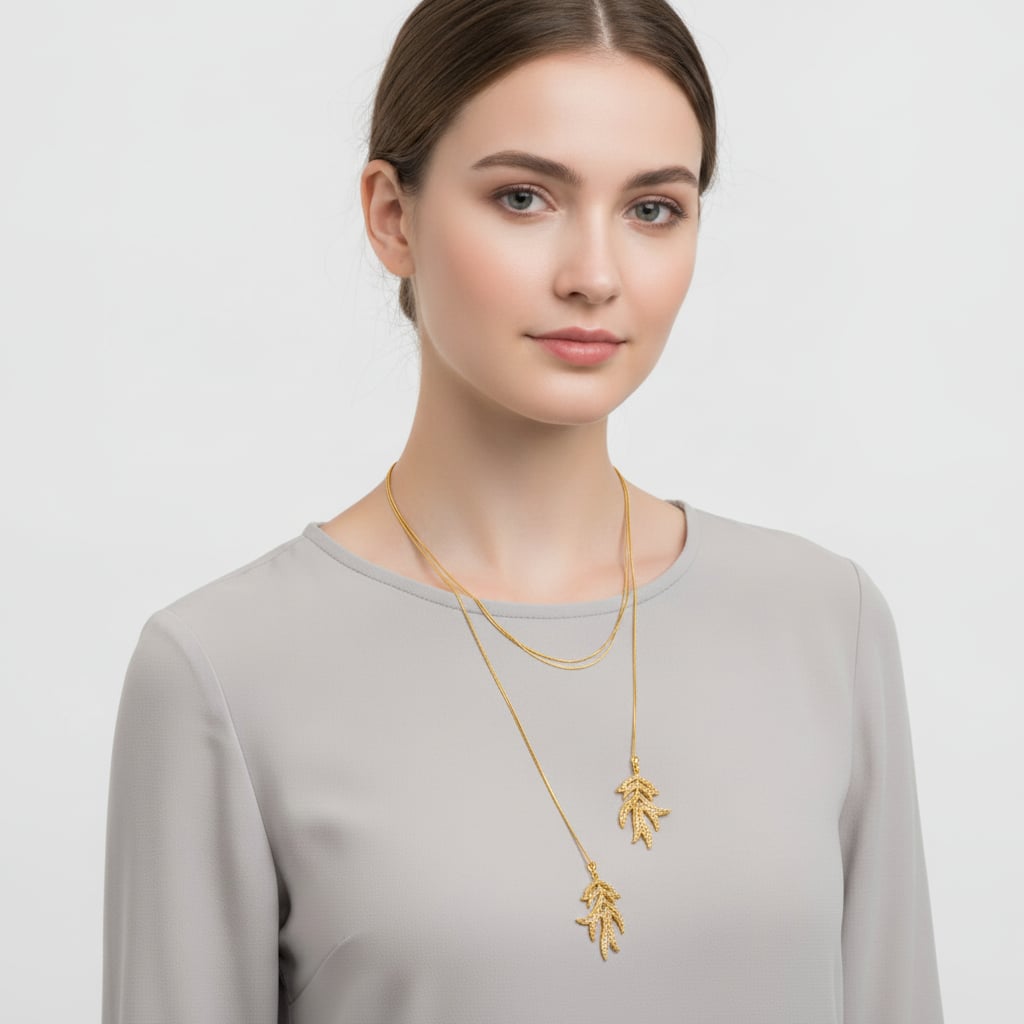 Collana lunga con foglia e strass - Oro