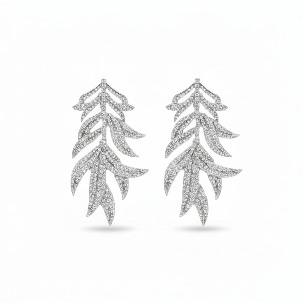 Long earrings with leaves and rhinestones - Silver