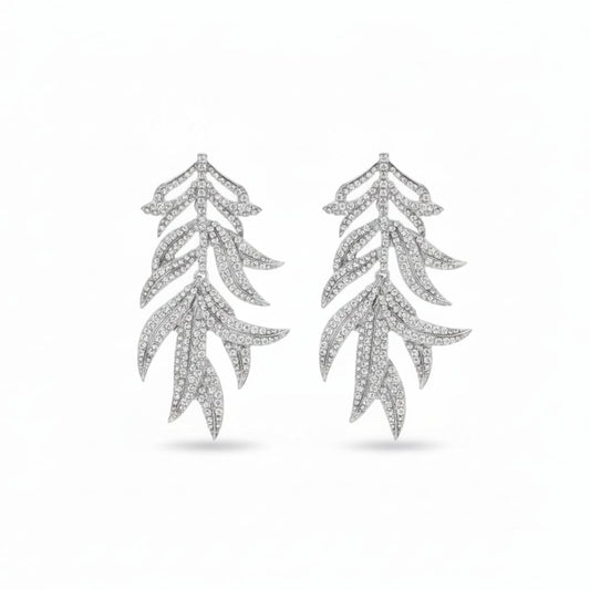 Long earrings with leaves and rhinestones - Silver