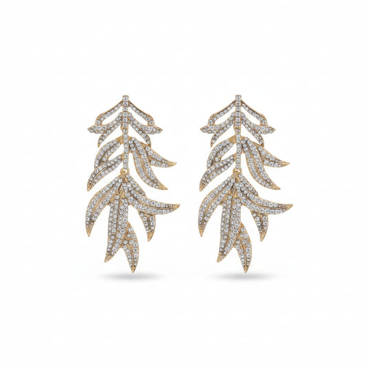 Long earrings with leaves and rhinestones - Gold