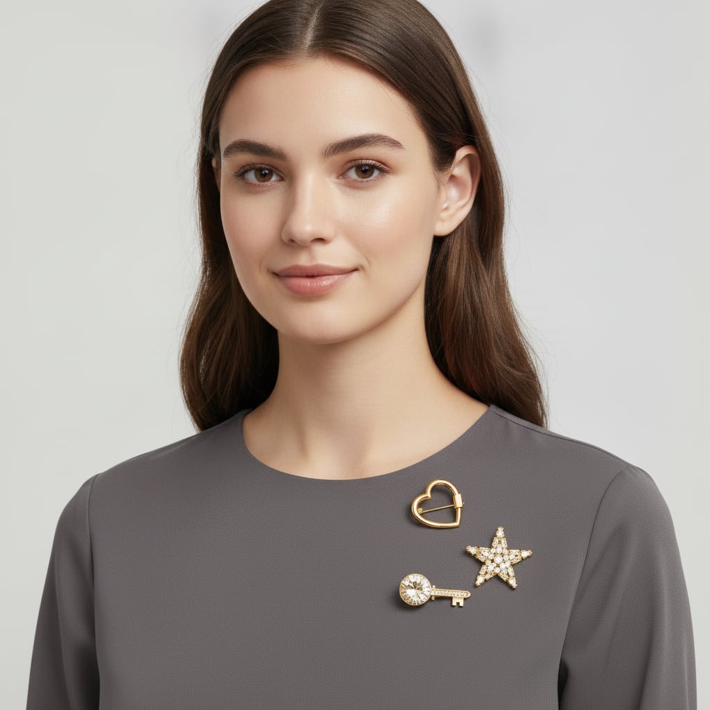Heart, star, and key brooches with rhinestones - Gold