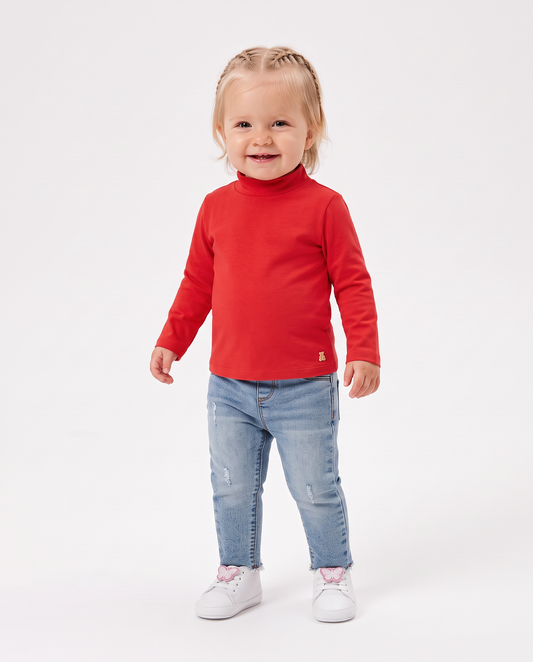 Long sleeve high neck interlock T-shirt - Red