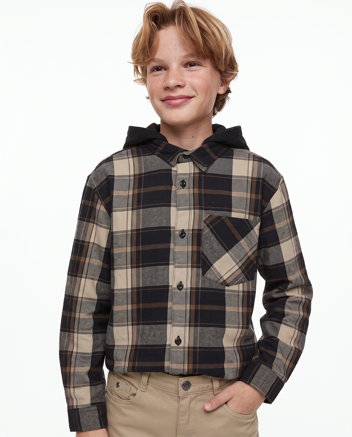 Plaid Flannel Shirt with Hood - Multicolor