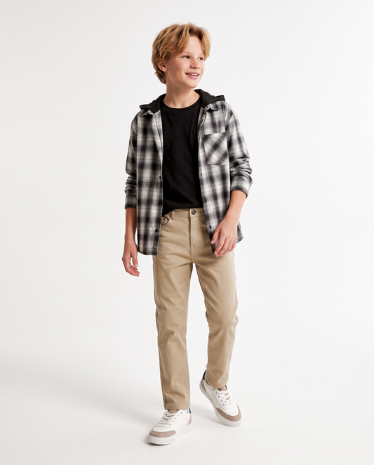 Plaid Flannel Shirt with Hood - White