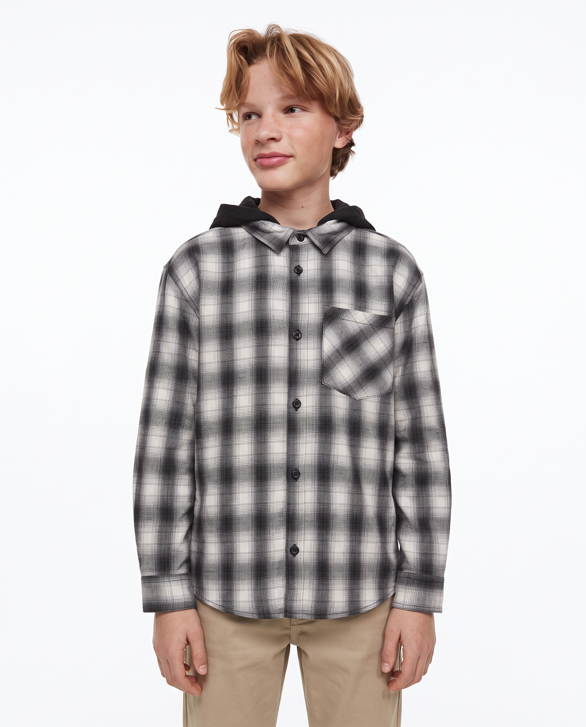 Plaid Flannel Shirt with Hood - White