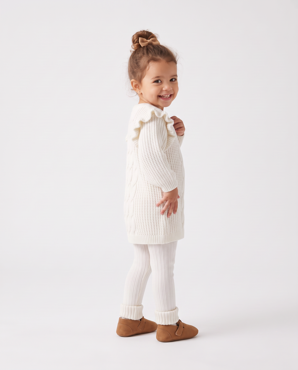 Knit and velour dress with braids - White