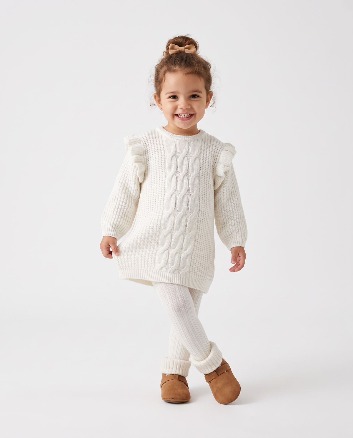 Knit and velour dress with braids - White