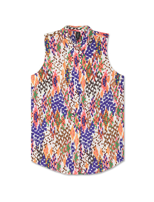 Sleeveless Regular Fit Viscose Printed Shirt with Mother of Pearl Effect Buttons - 