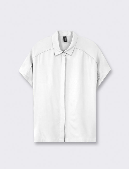 V-neck Viscose Shirt with Front Buttoning and Shoulder Ruching - White