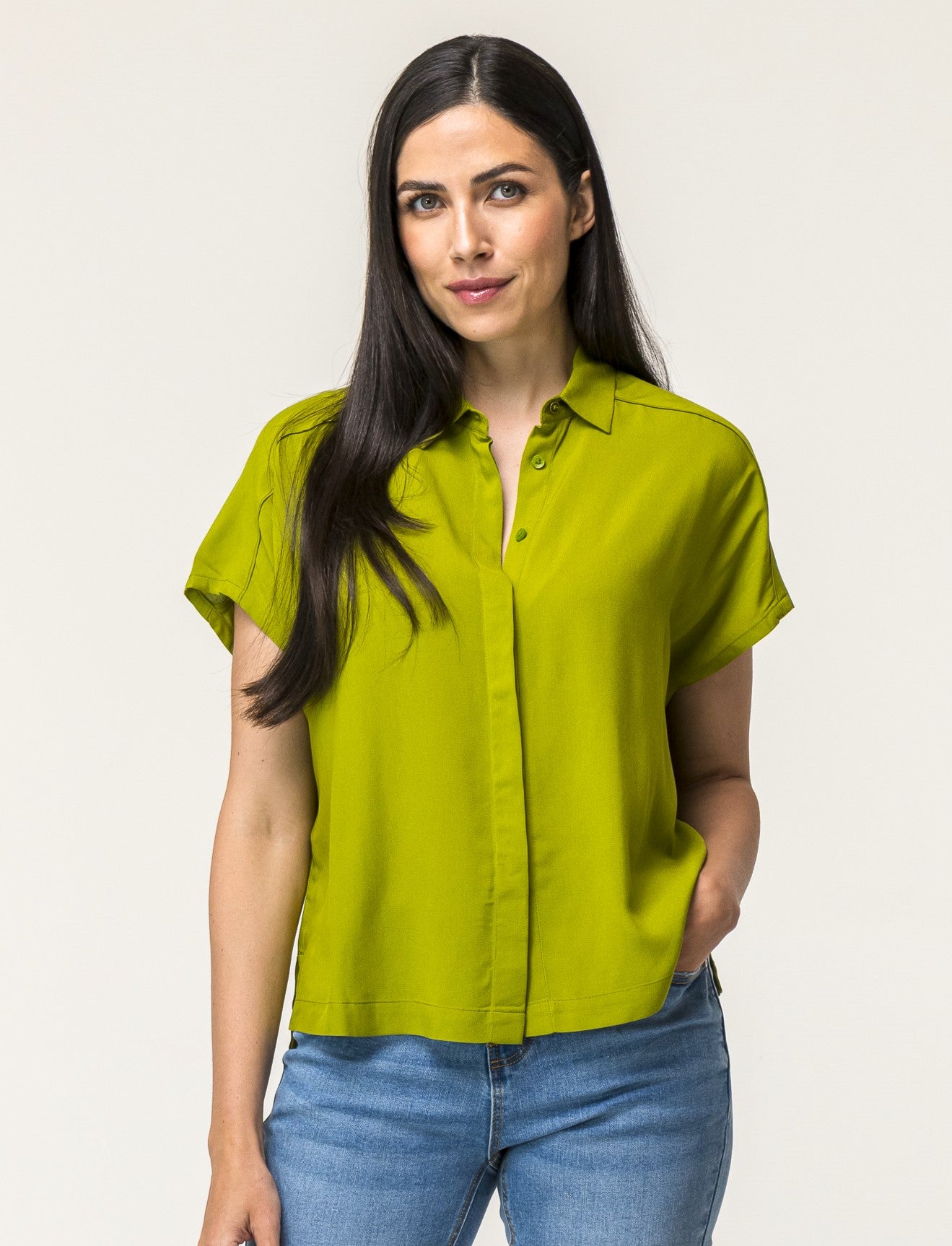 V-neck Viscose Shirt with Front Buttoning and Shoulder Ruching - Green