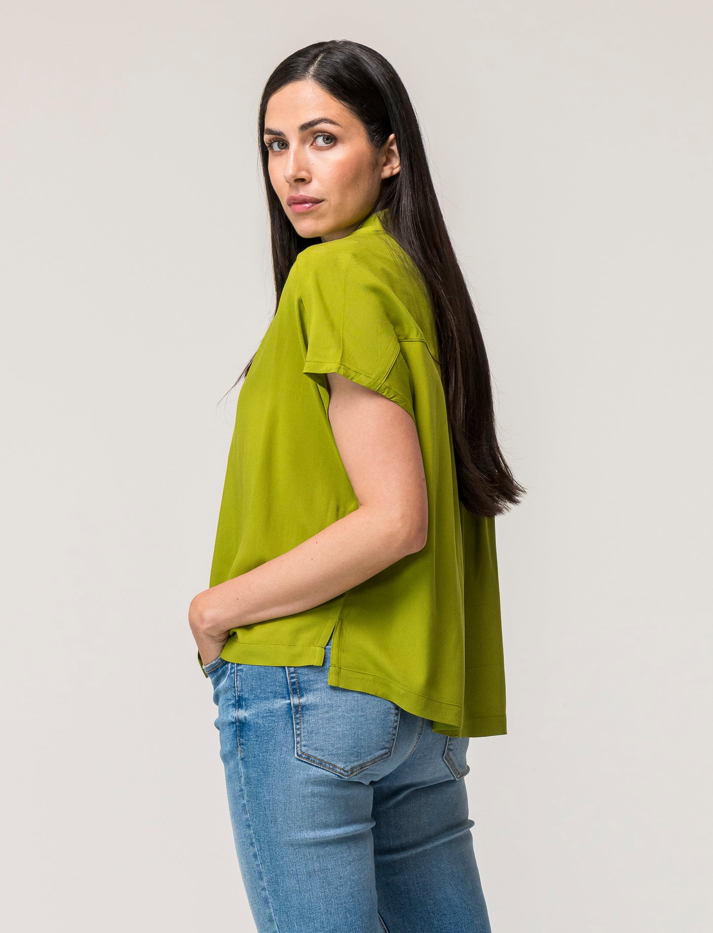 V-neck Viscose Shirt with Front Buttoning and Shoulder Ruching - Green