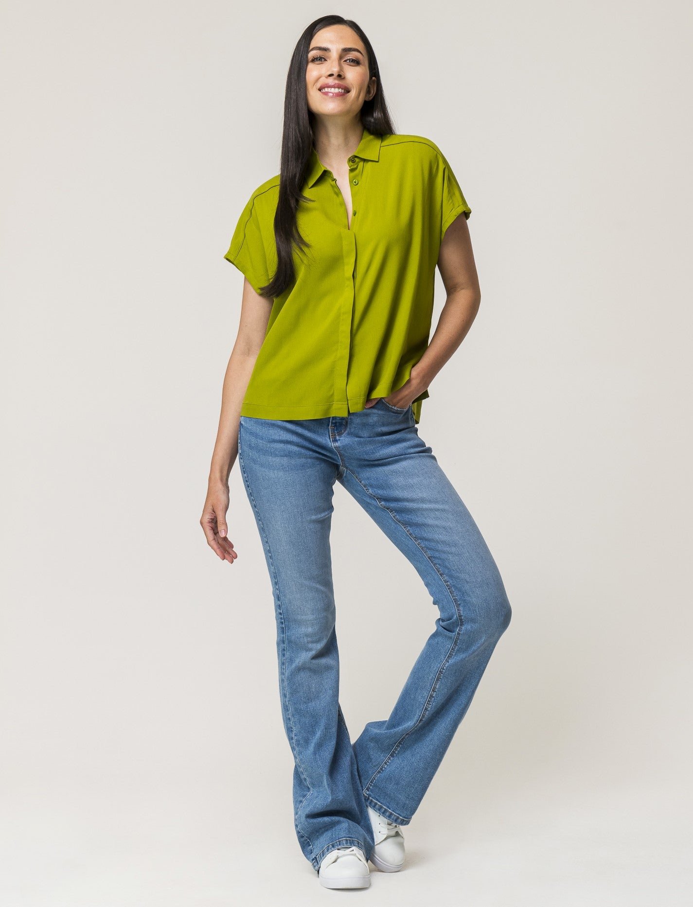 V-neck Viscose Shirt with Front Buttoning and Shoulder Ruching - Green