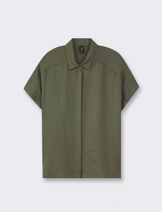 V-neck Viscose Shirt with Front Buttoning and Shoulder Ruching - Green