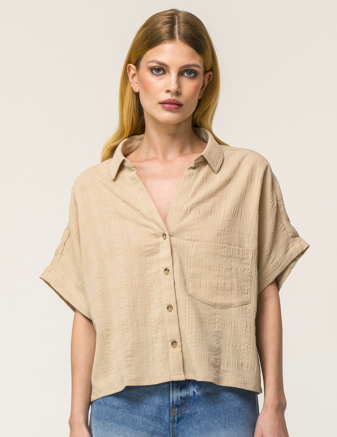 Camicia mezza manica in cotone con tasca applicata - Beige corda