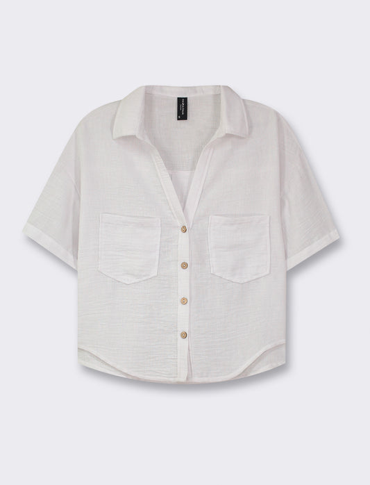 Linen Effect V-Neck Half Sleeve Shirt with Patch Pockets - White