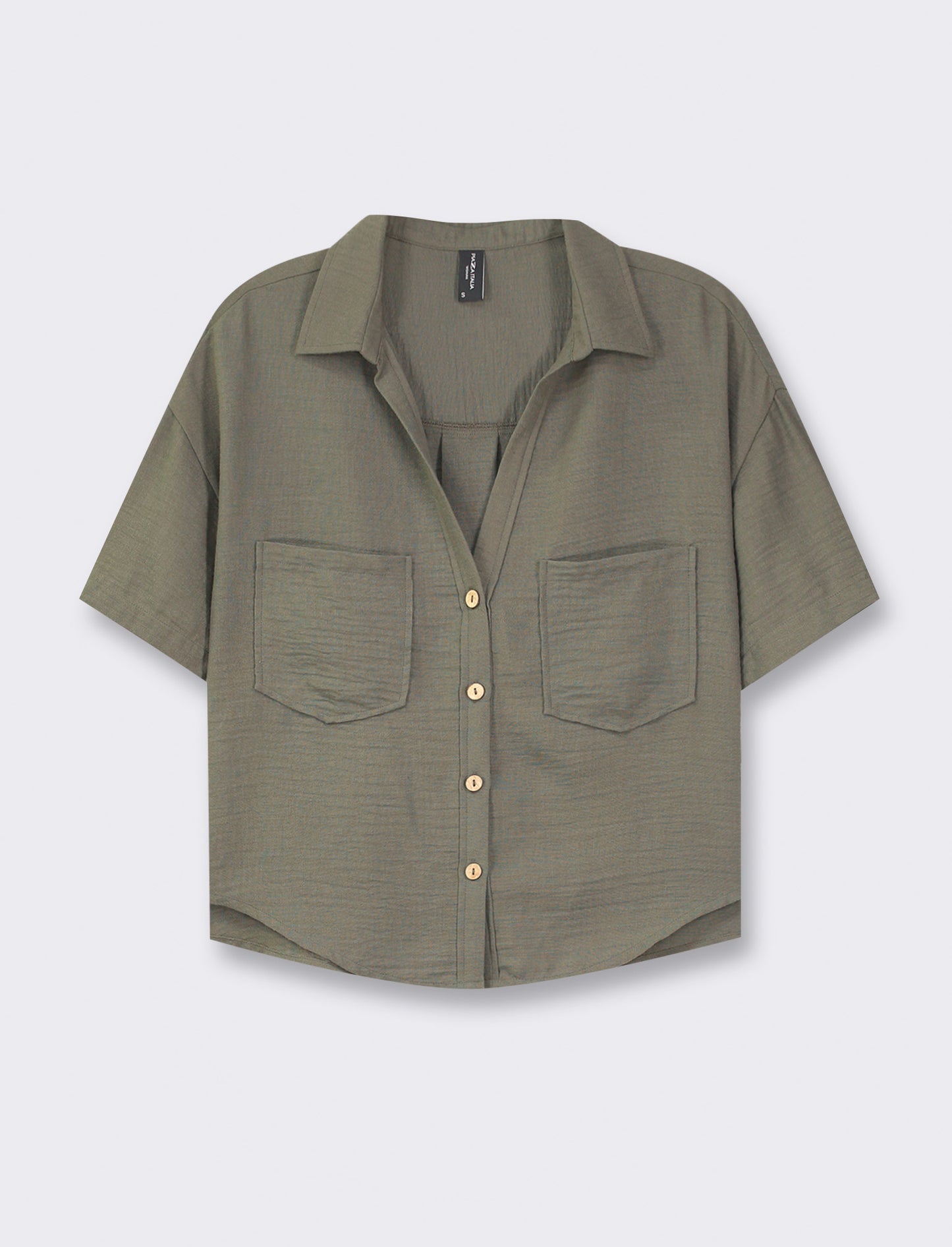 Linen Effect V-Neck Half Sleeve Shirt with Patch Pockets - Green