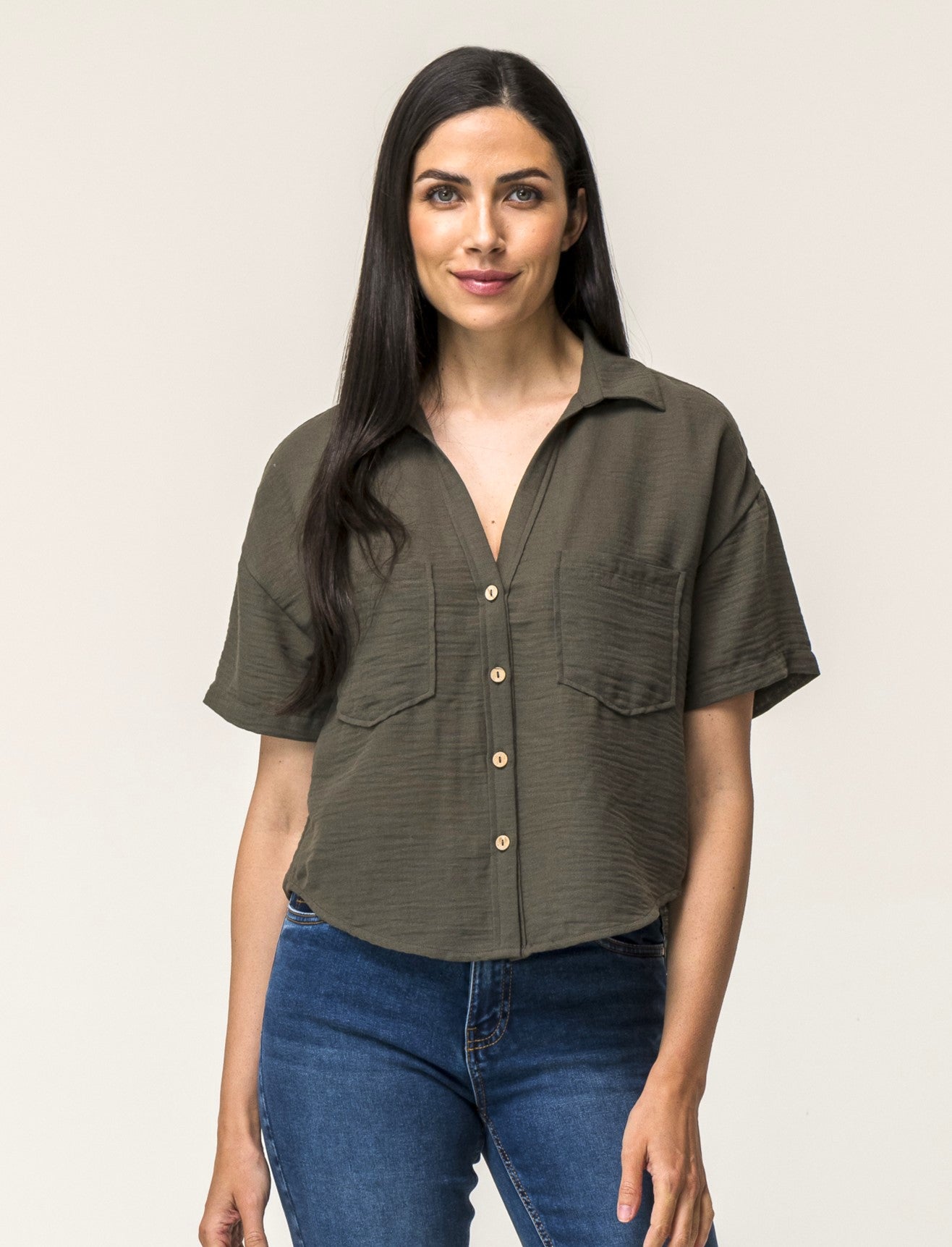 Linen Effect V-Neck Half Sleeve Shirt with Patch Pockets - Green