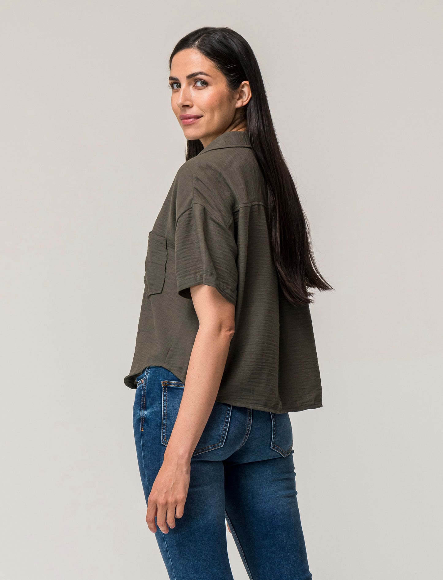 Linen Effect V-Neck Half Sleeve Shirt with Patch Pockets - Green