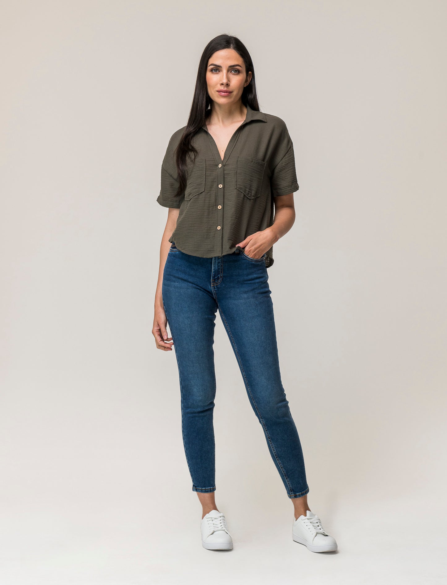 Linen Effect V-Neck Half Sleeve Shirt with Patch Pockets - Green