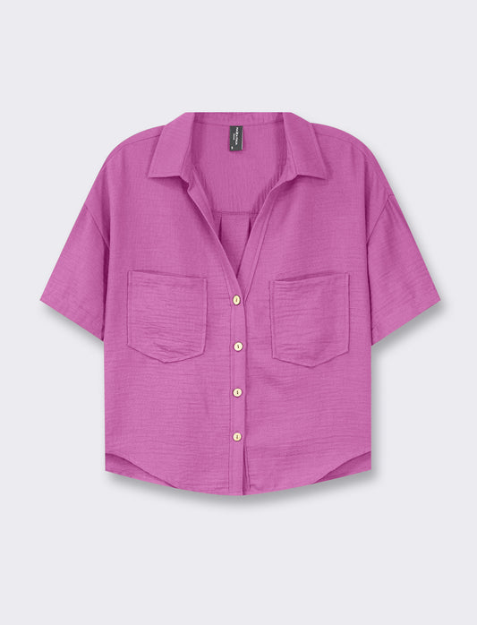 Linen Effect V-Neck Half Sleeve Shirt with Patch Pockets - Purple