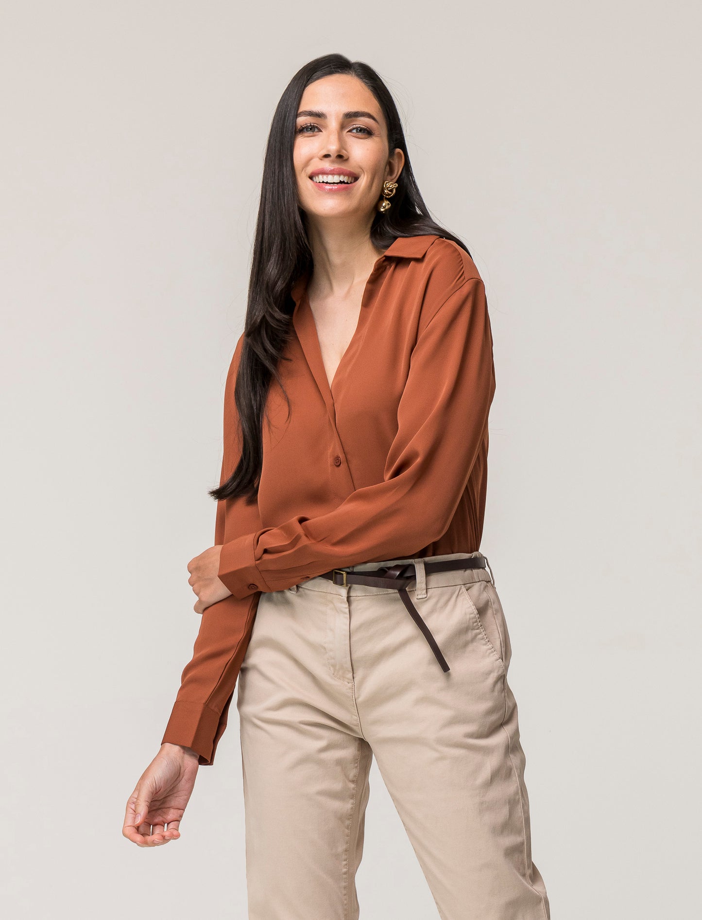 Georgette V-Neck Basic Fit Women's Shirt in Solid Color - Brown