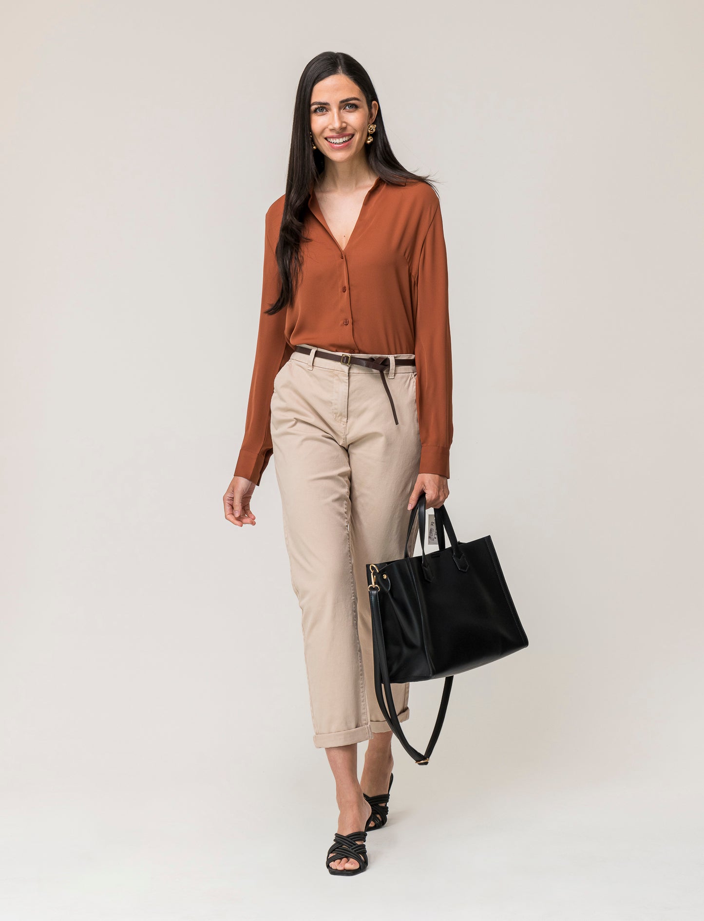 Georgette V-Neck Basic Fit Women's Shirt in Solid Color - Brown