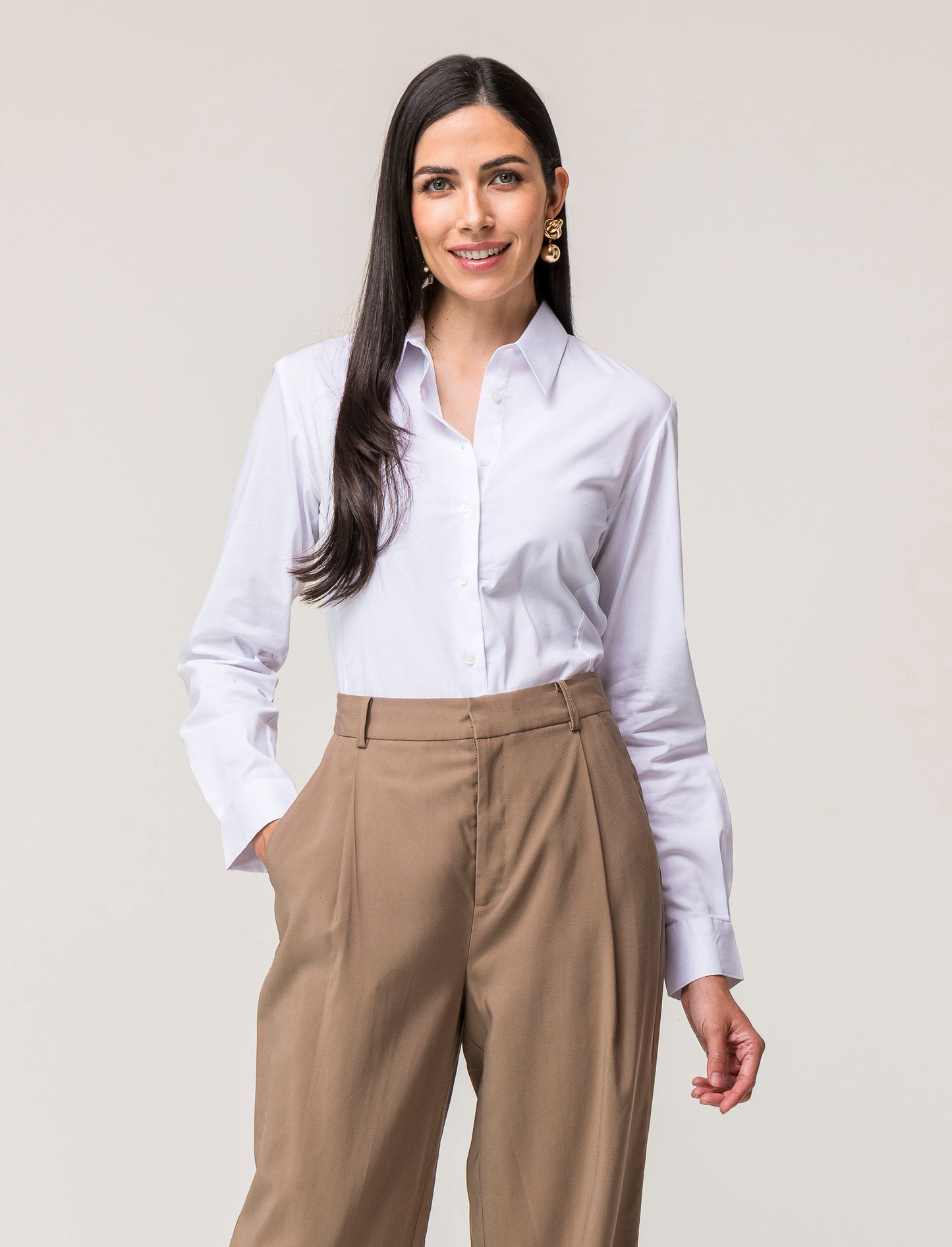 Camicia basic manica lunga in tessuto elastico vestibilità slim - Bianco