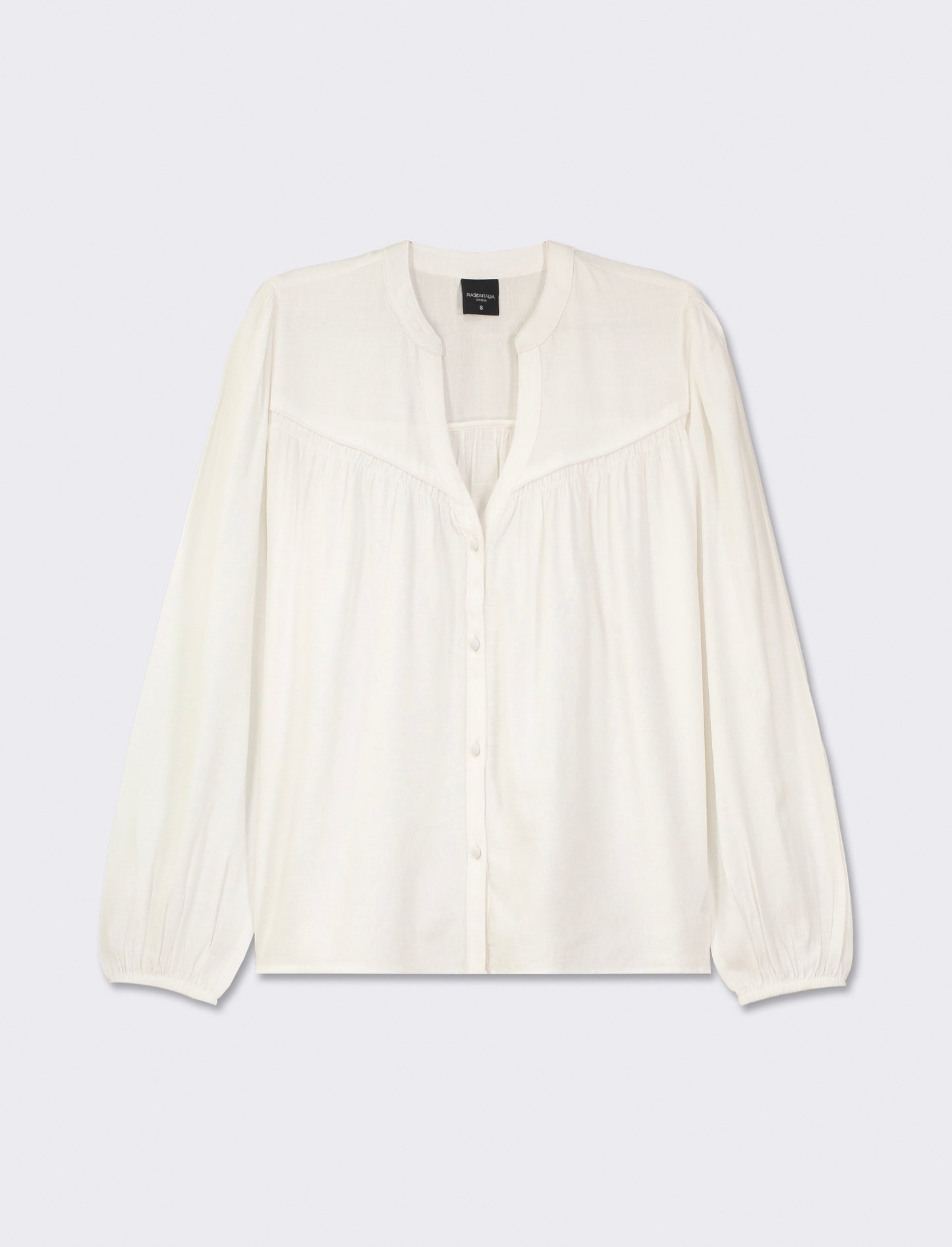 Flowy Mandarin Collar Shirt with Wide Elasticated Cuffs - White