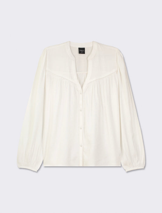 Flowy Mandarin Collar Shirt with Wide Elasticated Cuffs - White