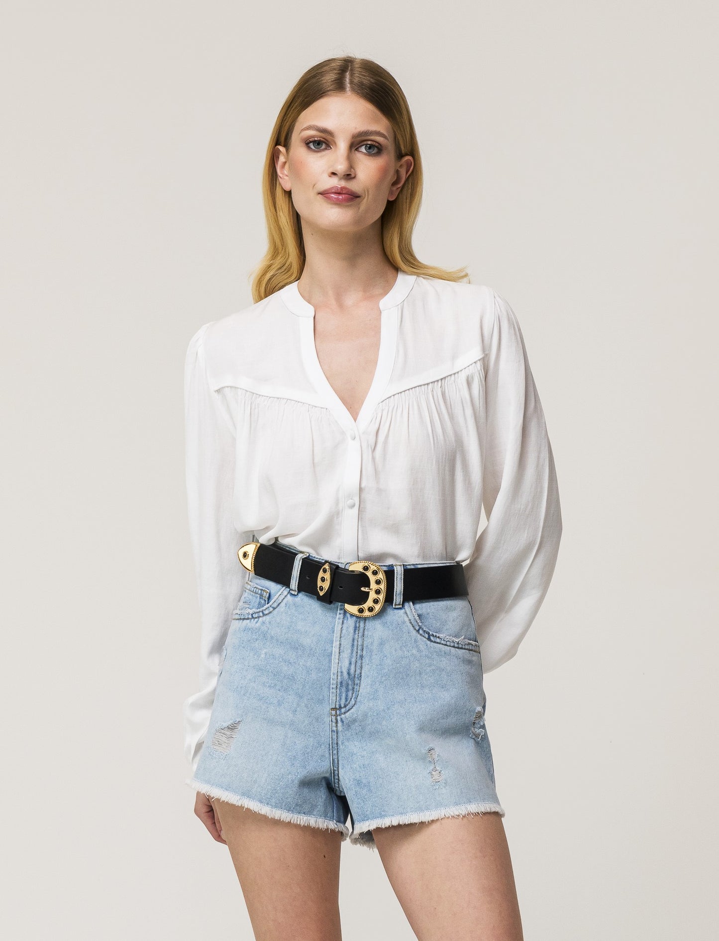 Flowy Mandarin Collar Shirt with Wide Elasticated Cuffs - White