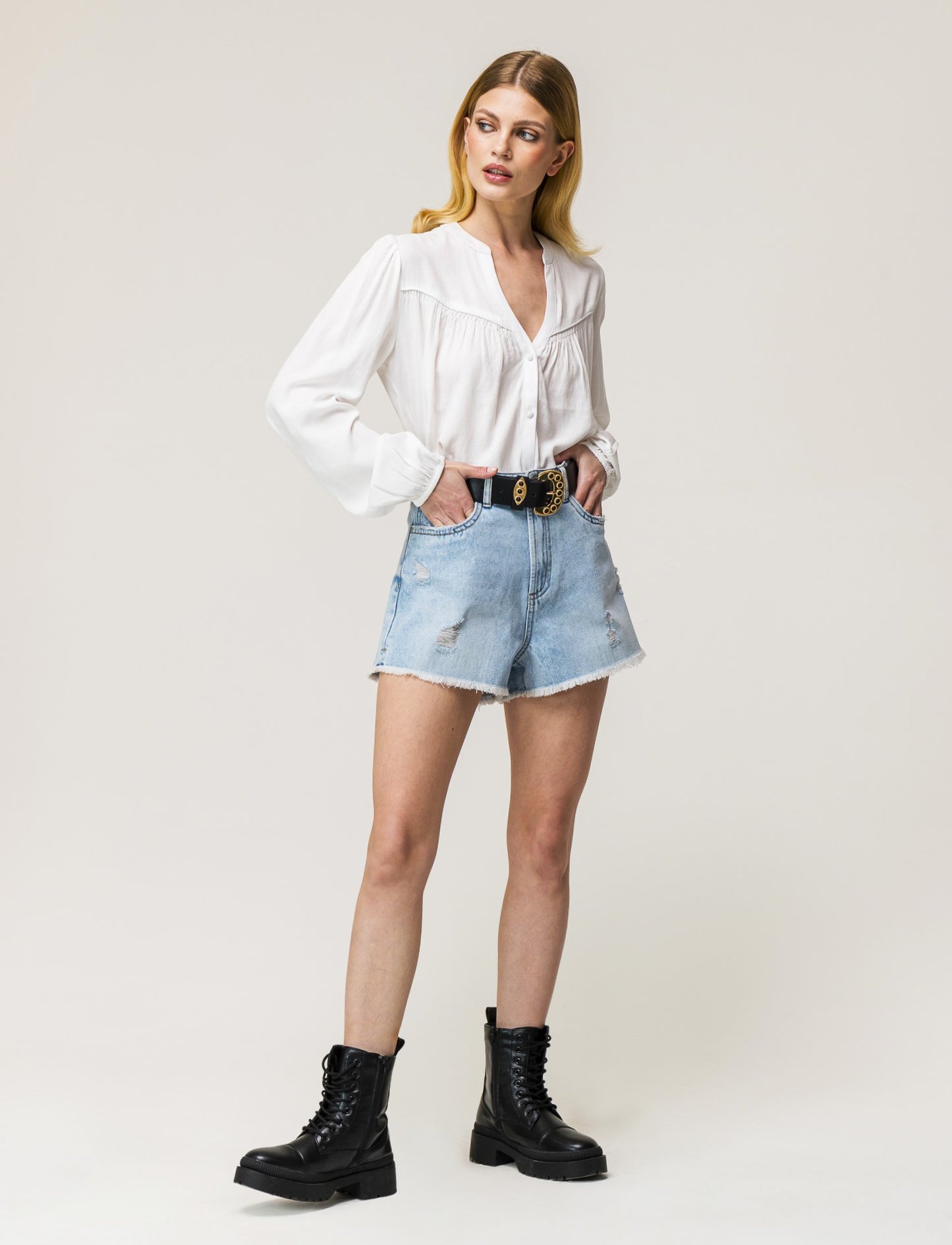 Flowy Mandarin Collar Shirt with Wide Elasticated Cuffs - White