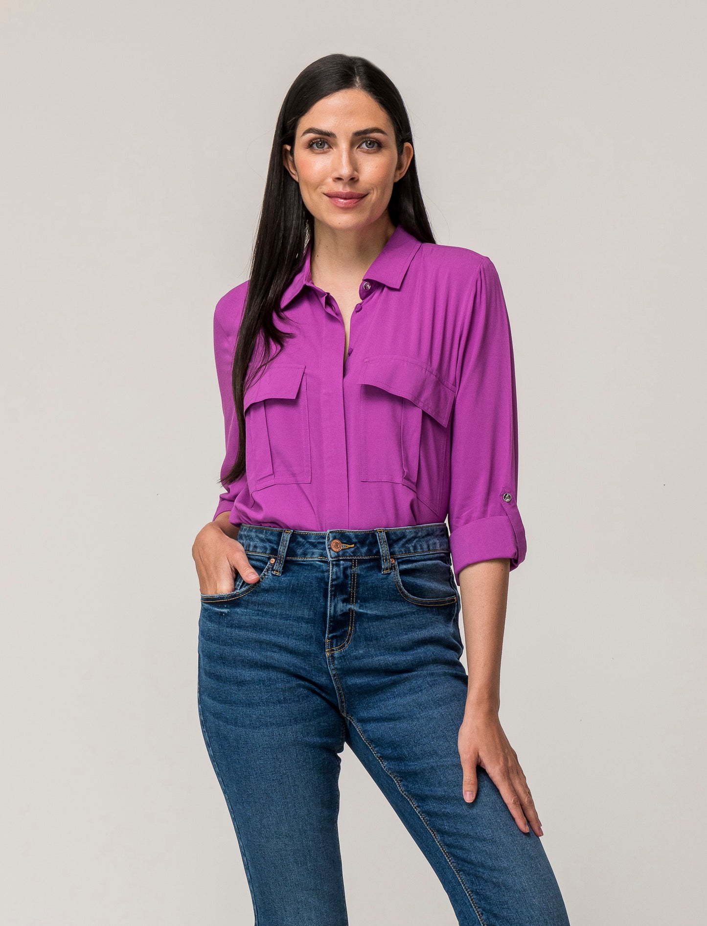 Women's Basic Shirt with Patch Pockets and Flap on Sleeve and Shoulders Regular Fit - Purple