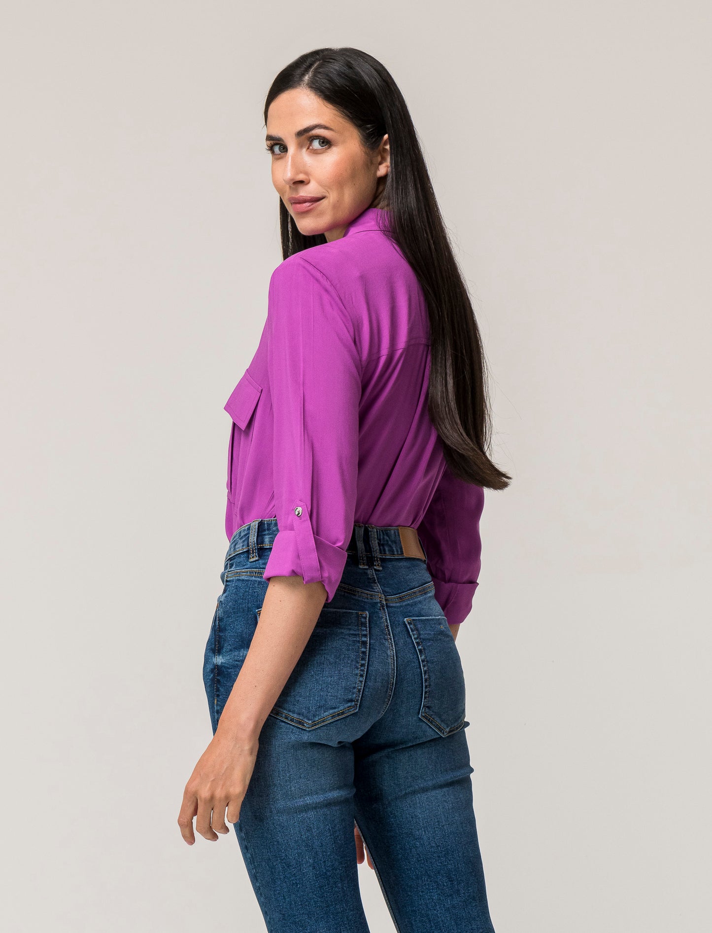 Women's Basic Shirt with Patch Pockets and Flap on Sleeve and Shoulders Regular Fit - Purple