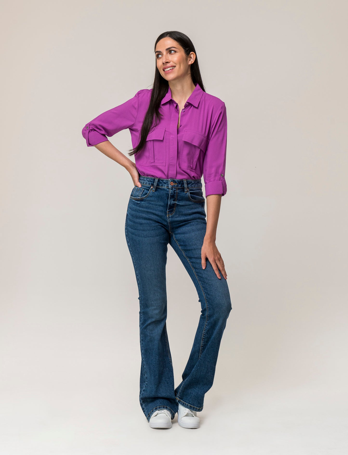 Women's Basic Shirt with Patch Pockets and Flap on Sleeve and Shoulders Regular Fit - Purple