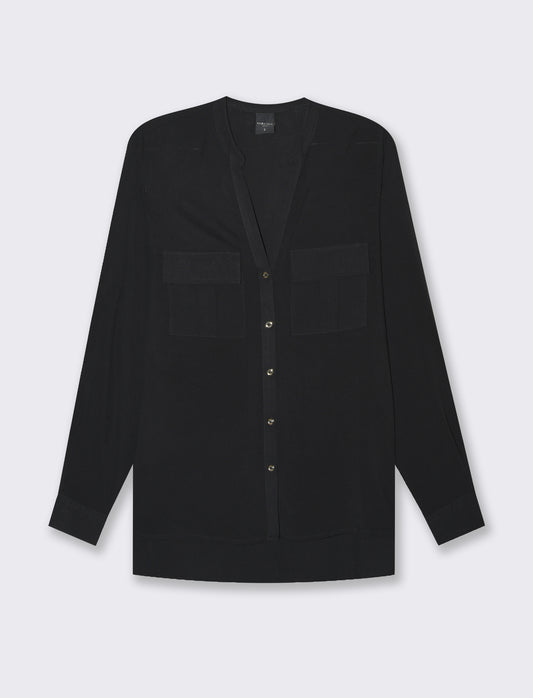 Long Sleeve Viscose Shirt with Reversible Cuffs and Metal Buttons - Black