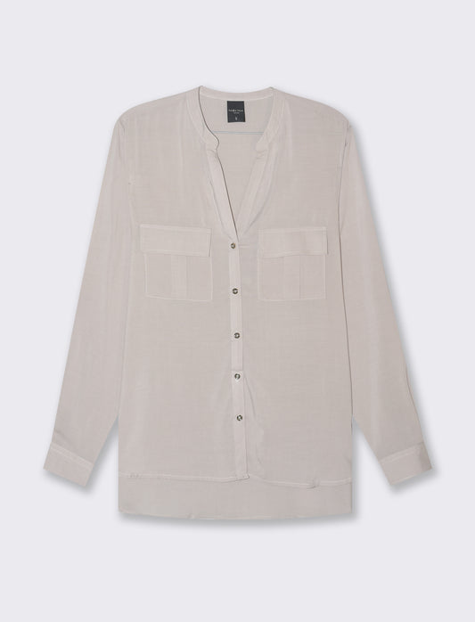 Long Sleeve Viscose Shirt with Reversible Cuffs and Metal Buttons - Beige