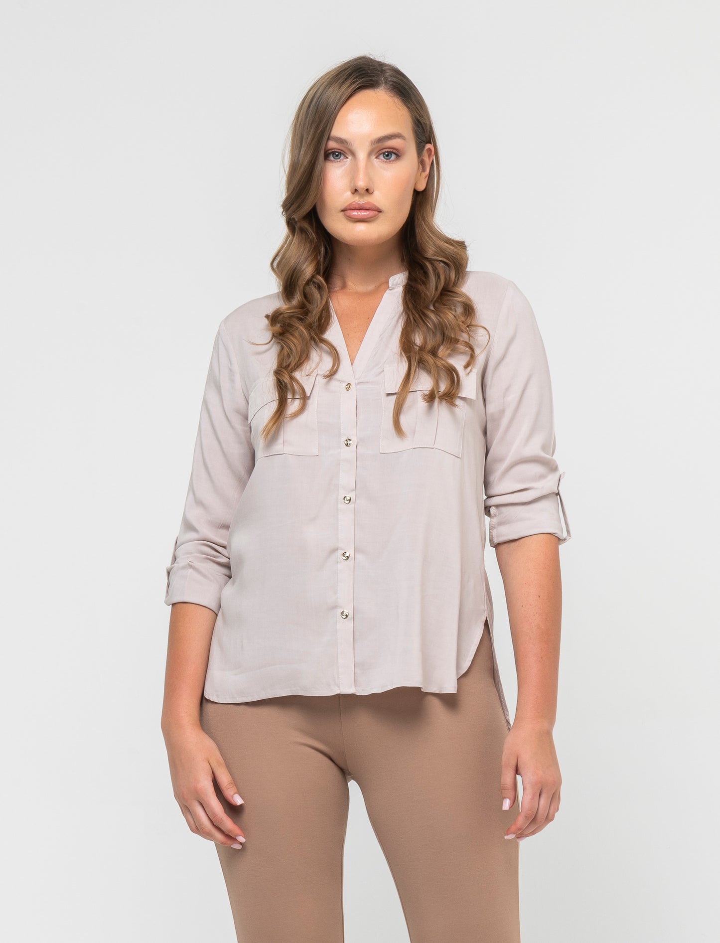 Long Sleeve Viscose Shirt with Reversible Cuffs and Metal Buttons - Beige