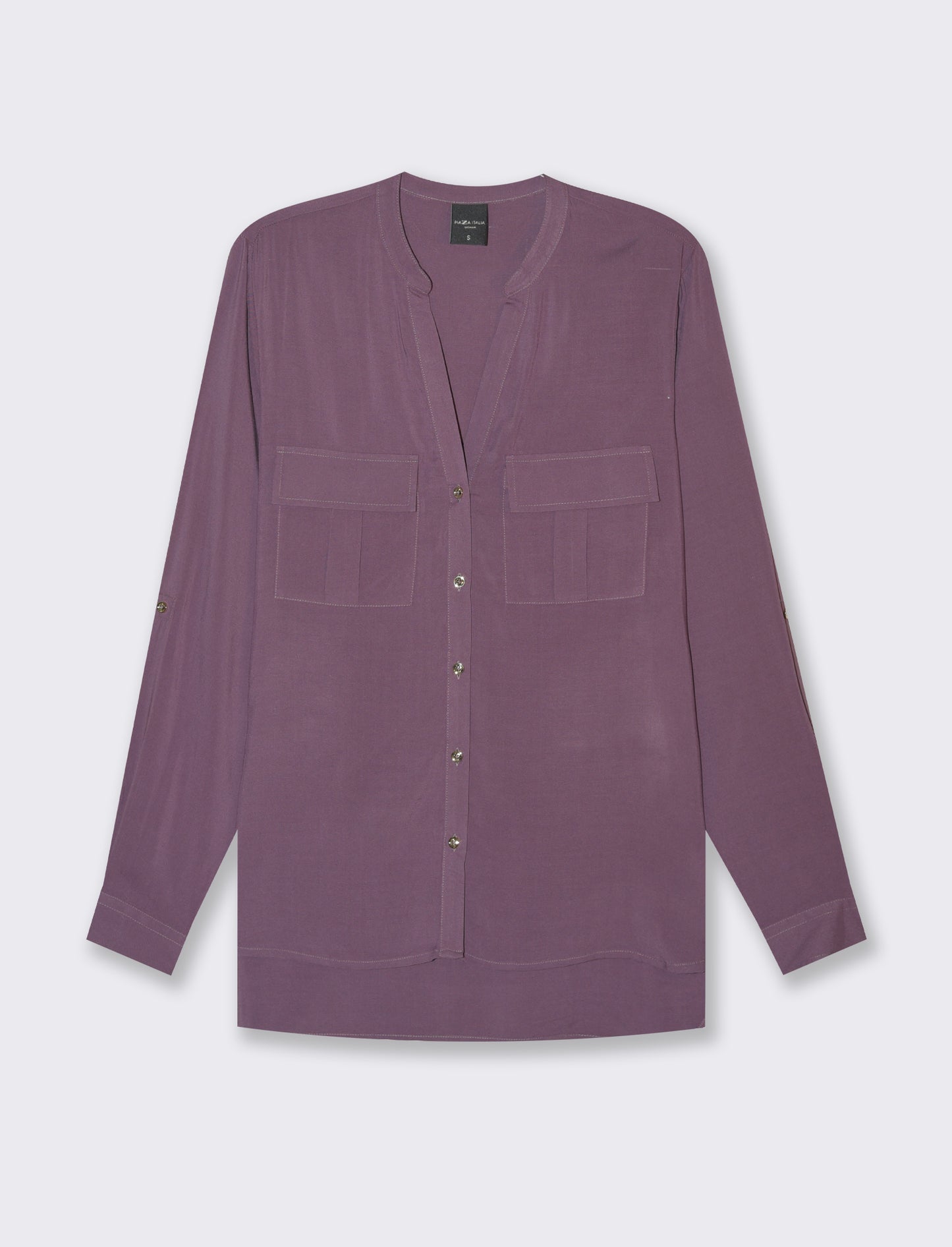 Long Sleeve Viscose Shirt with Reversible Cuffs and Metal Buttons - Purple