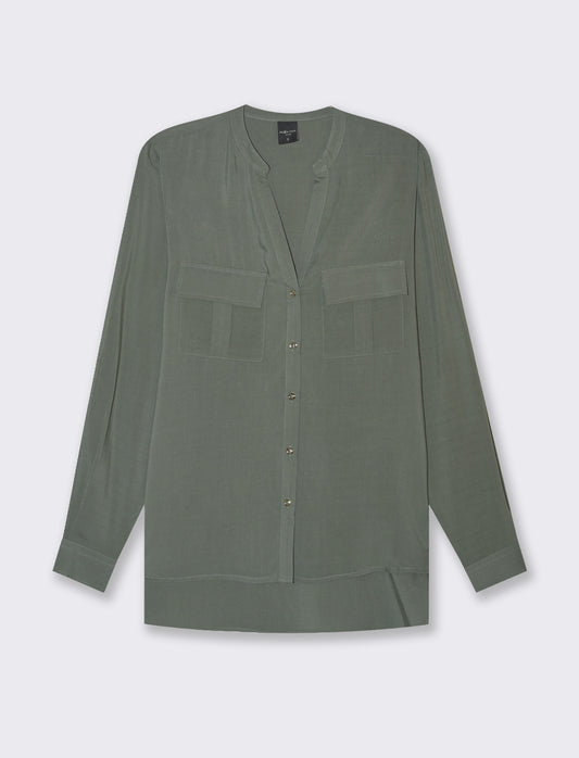 Long Sleeve Viscose Shirt with Reversible Cuffs and Metal Buttons - Green