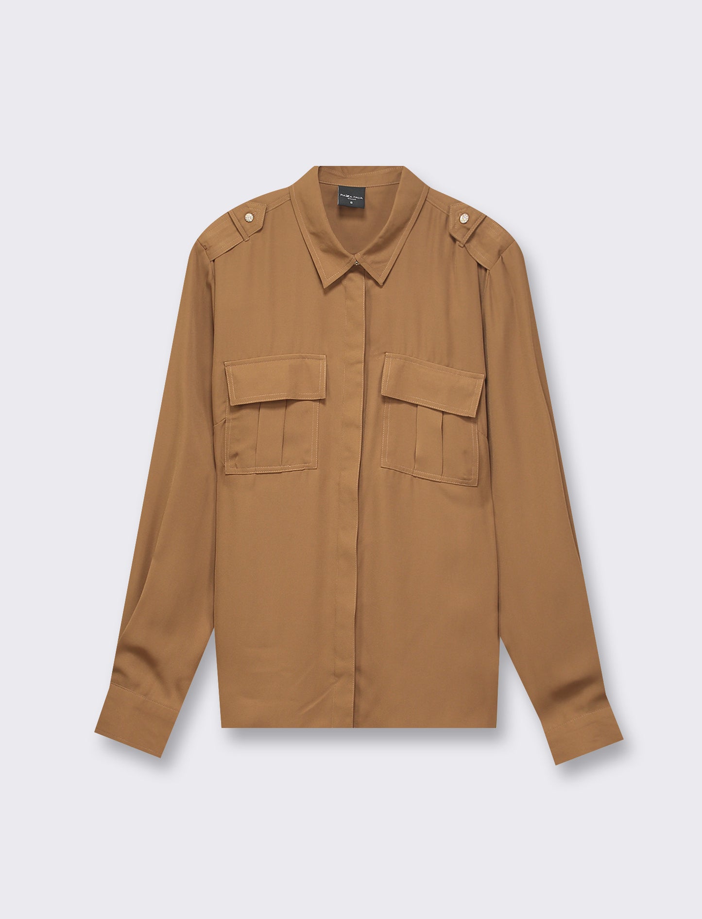 Camicia in viscosa manica lunga con tasche a soffietto - Marrone tabacco