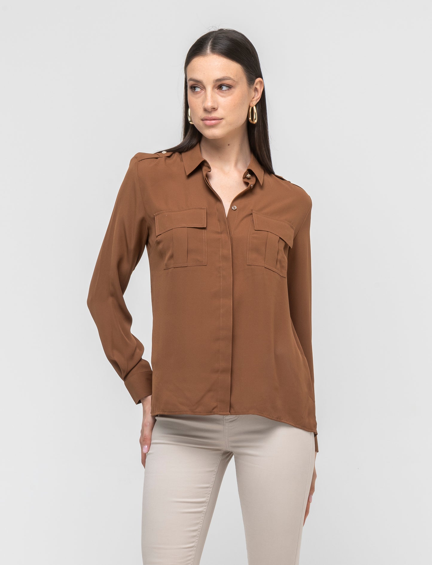 Camicia in viscosa manica lunga con tasche a soffietto - Marrone tabacco