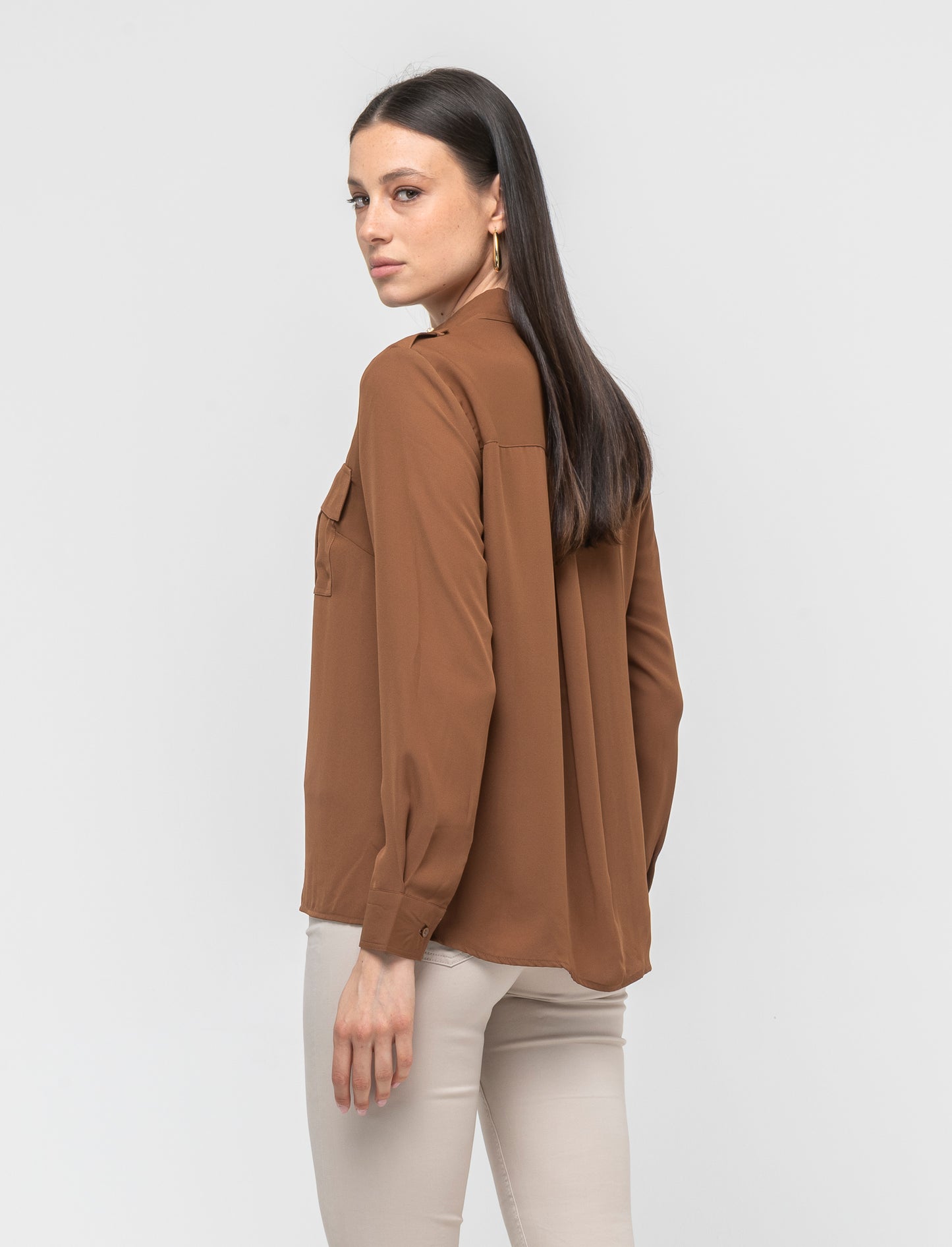 Camicia in viscosa manica lunga con tasche a soffietto - Marrone tabacco